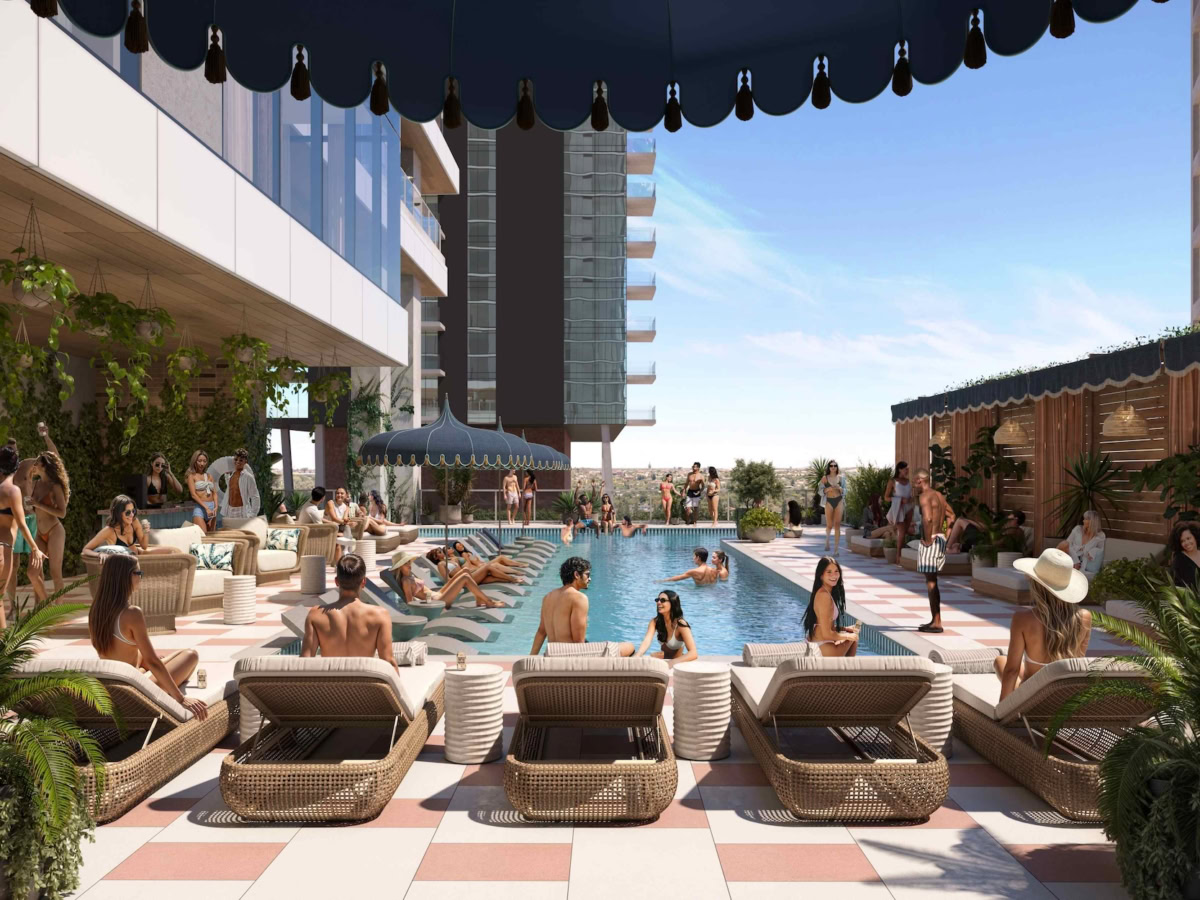 People sitting by Paseo's pool on the twelfth floor.