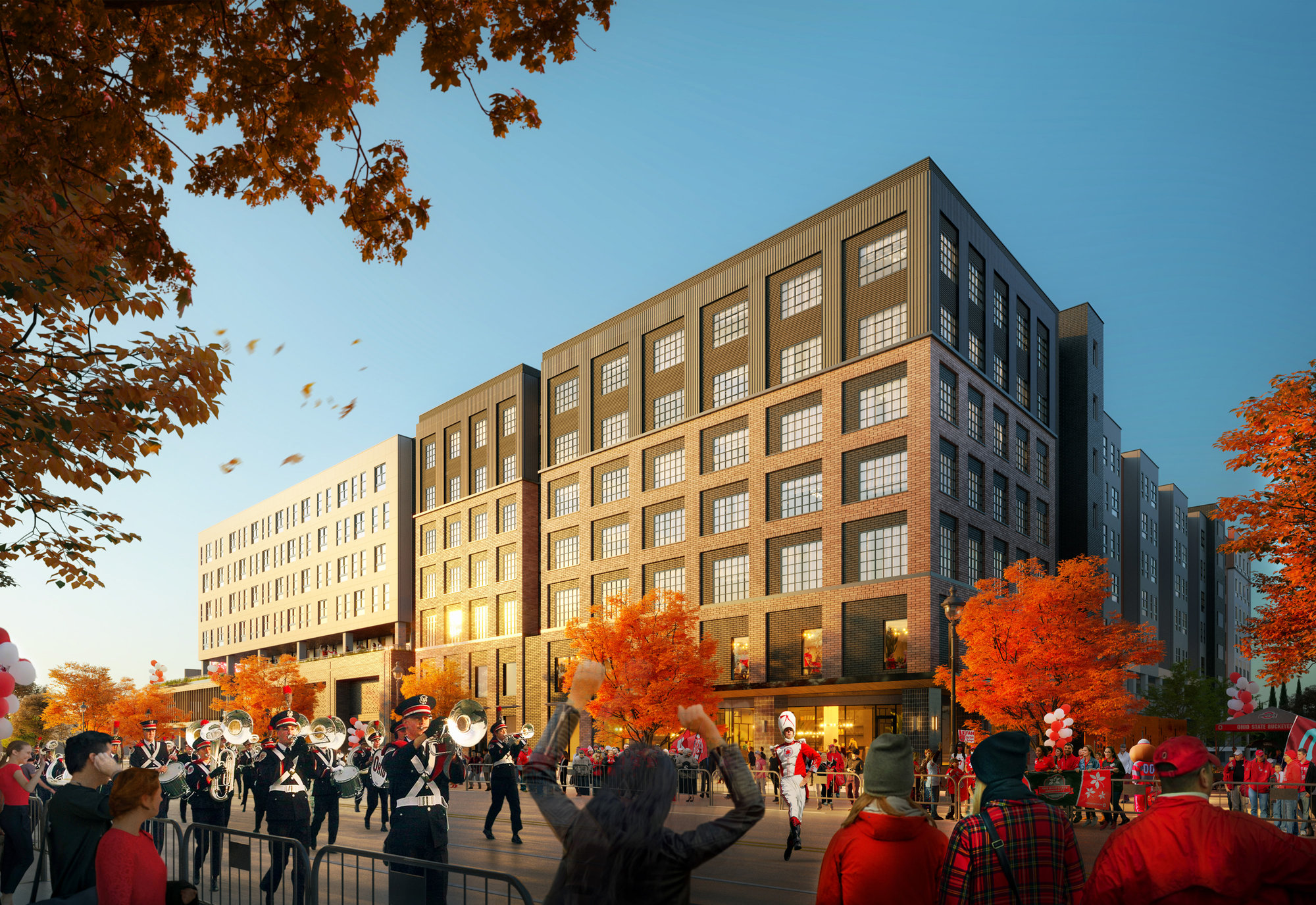 Rendering of the marching band at a parade outside the building of Rambler Columbus in fall.
