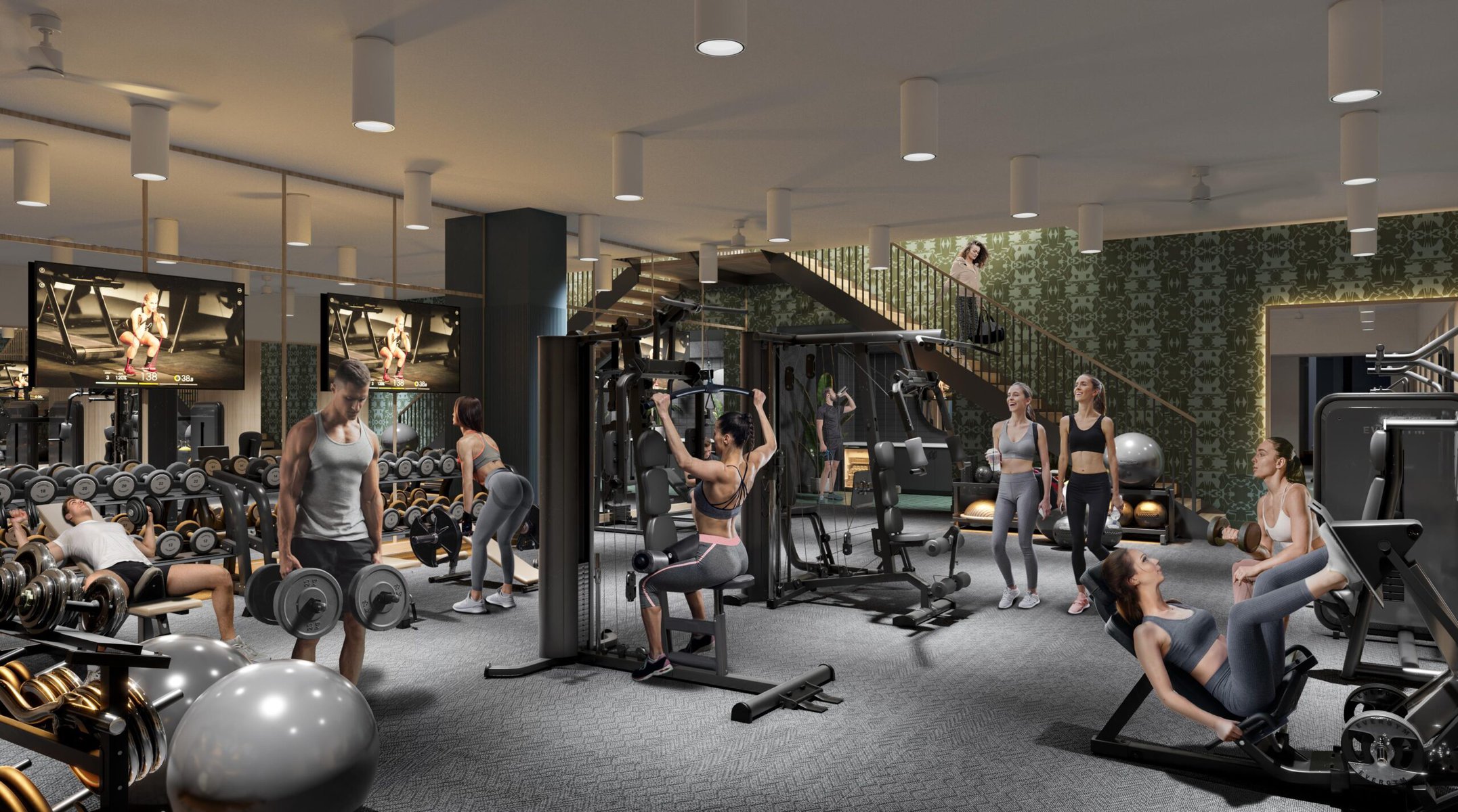 Rendering of people working out in the large fitness space at Rambler Austin.