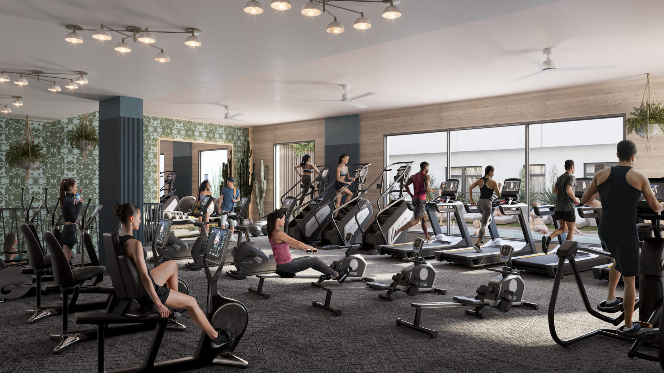 Rendering of students running on the treadmills, rowing and cycling in the Rambler gym in Austin, Texas.