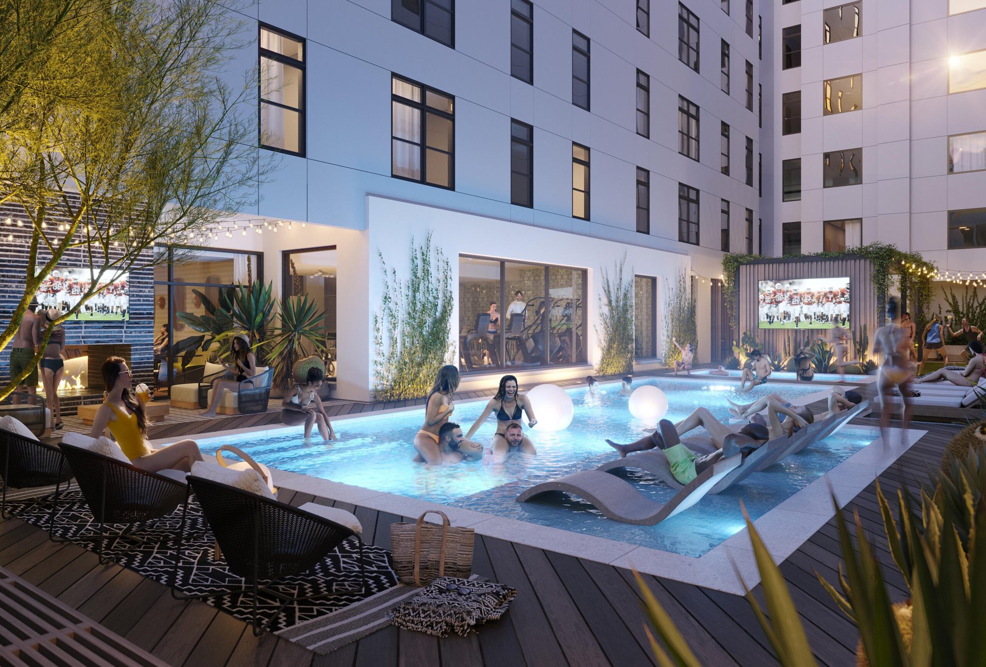 The pool and jumbotron rendering at Rambler Austin with students hanging out outside.