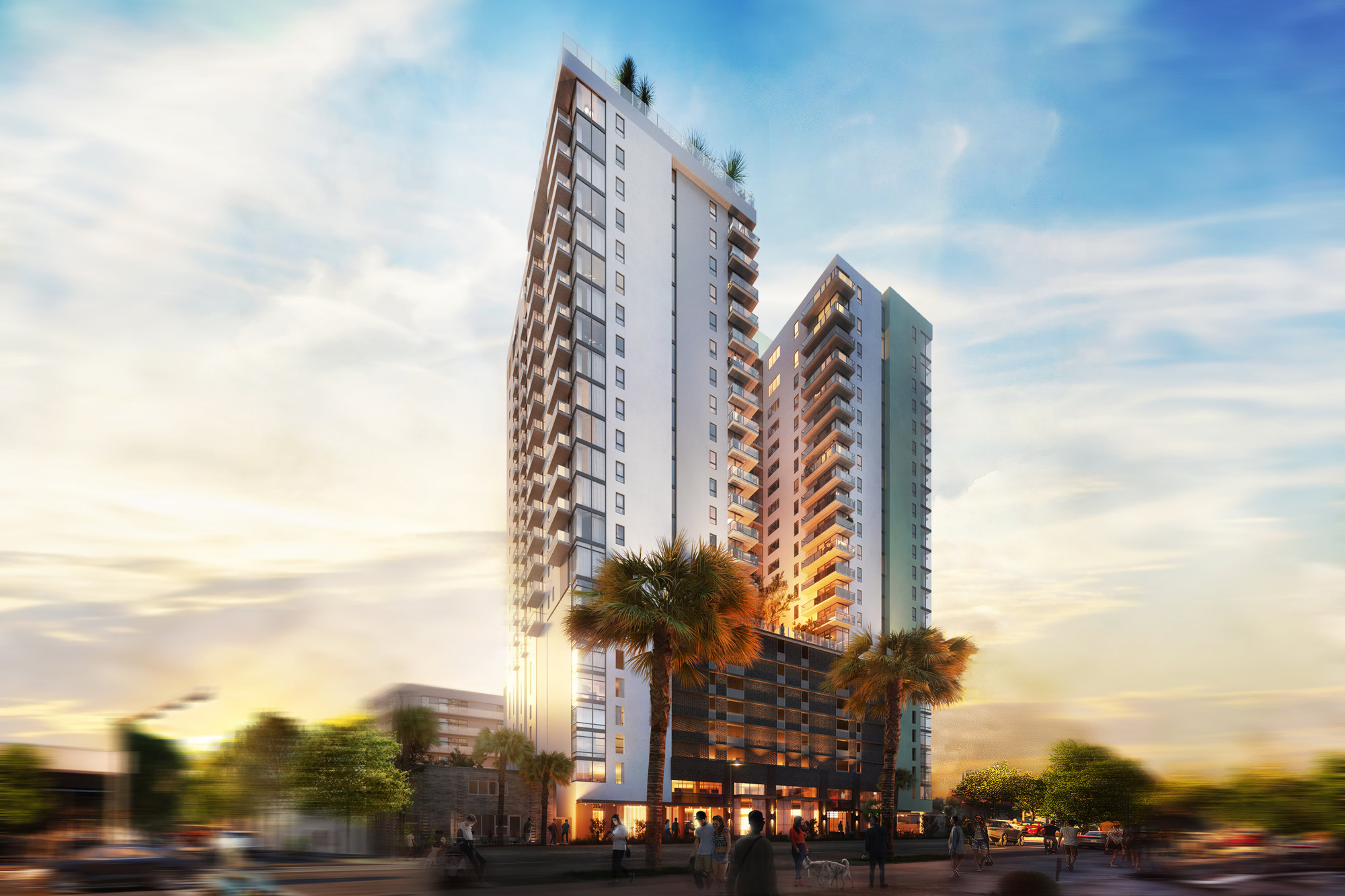 Rendering of the Moontower Phoenix building by LV Collective at sunset.