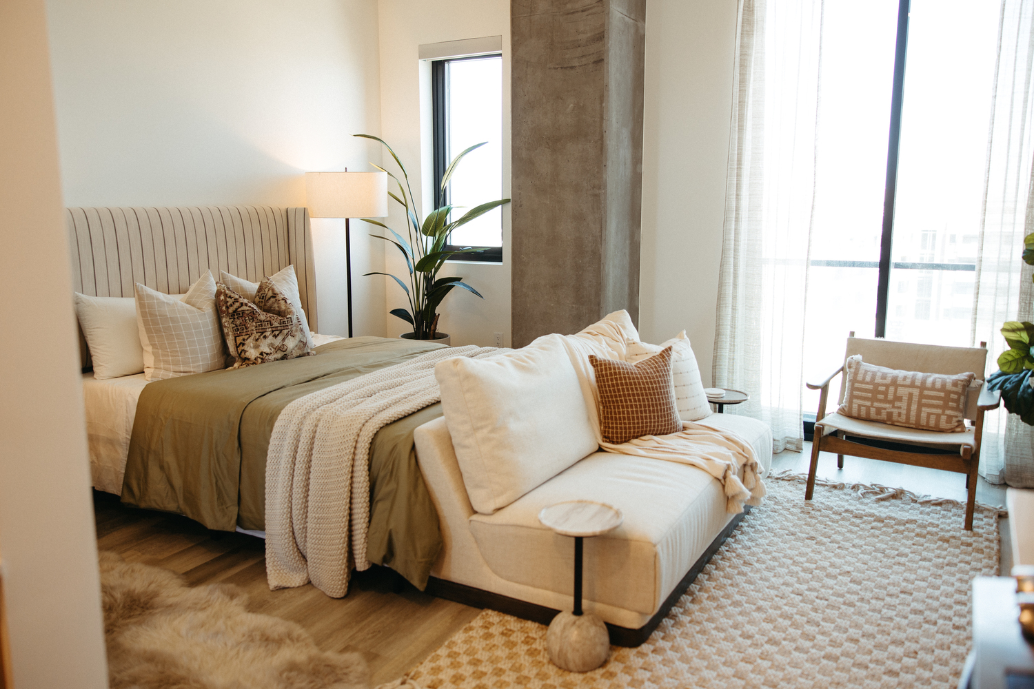 Bedroom and living area in studio at Moontower