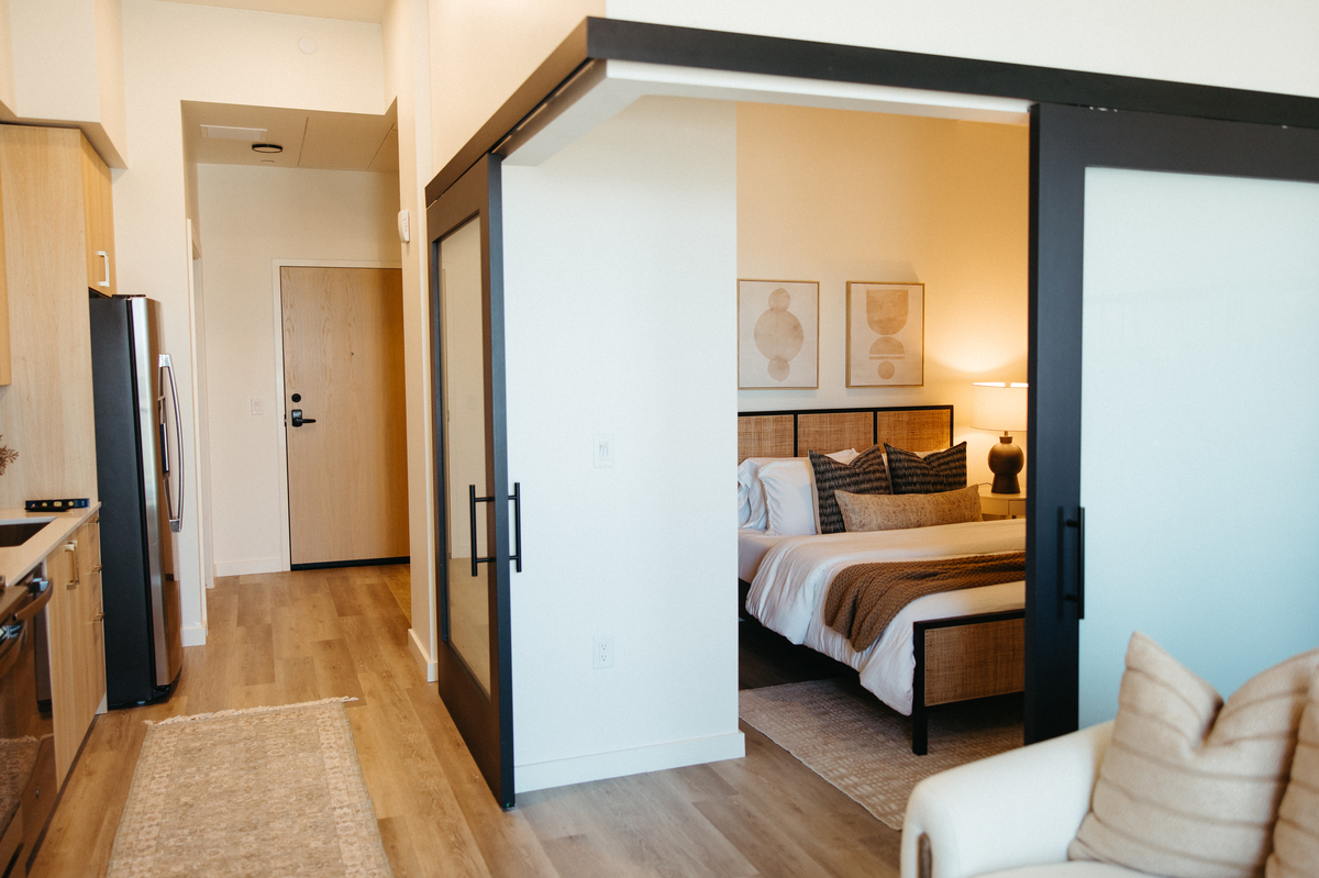 Sliding doors in one bedroom unit at Moontower