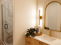 Finishes and fixtures in model bathroom at Moontower,