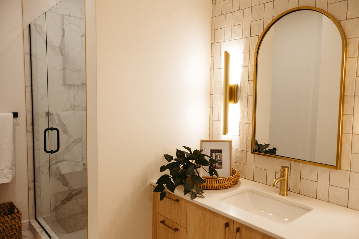 Finishes and fixtures in model bathroom at Moontower,