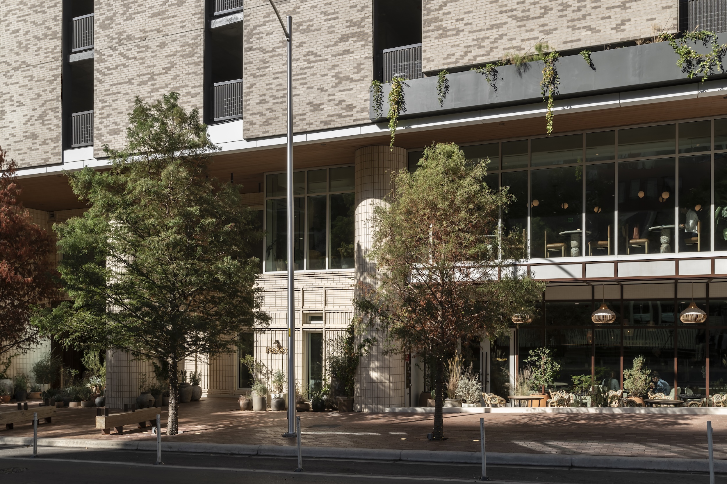 A modern brick building with large windows, a shaded patio, potted plants, and trees creates a welcoming Paseo vibe. Hanging greenery above the entrance and warm sunlight highlight the natural tones and relaxed urban atmosphere.