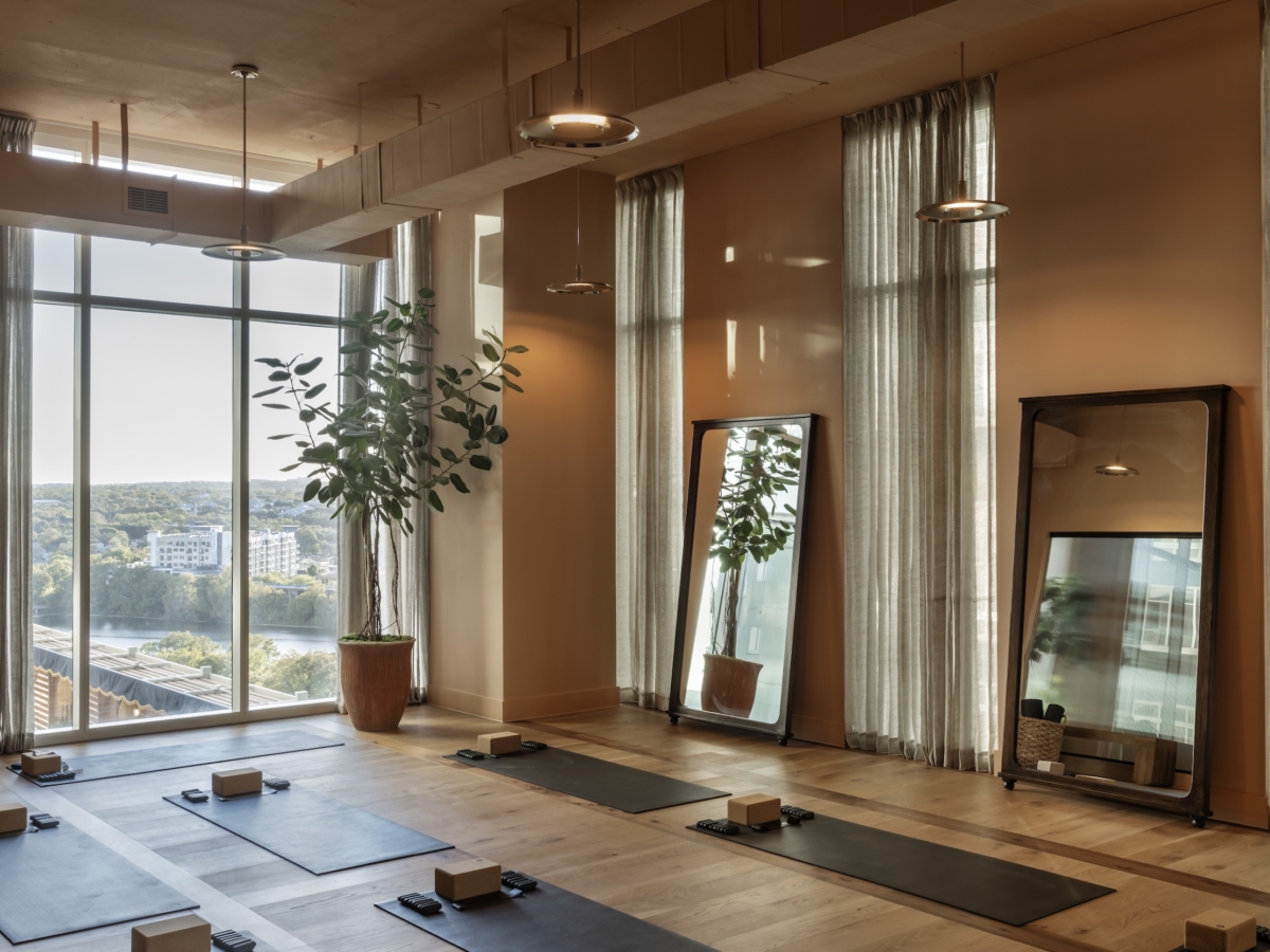 Yoga room at ROOST Rainey, Paseo ATX