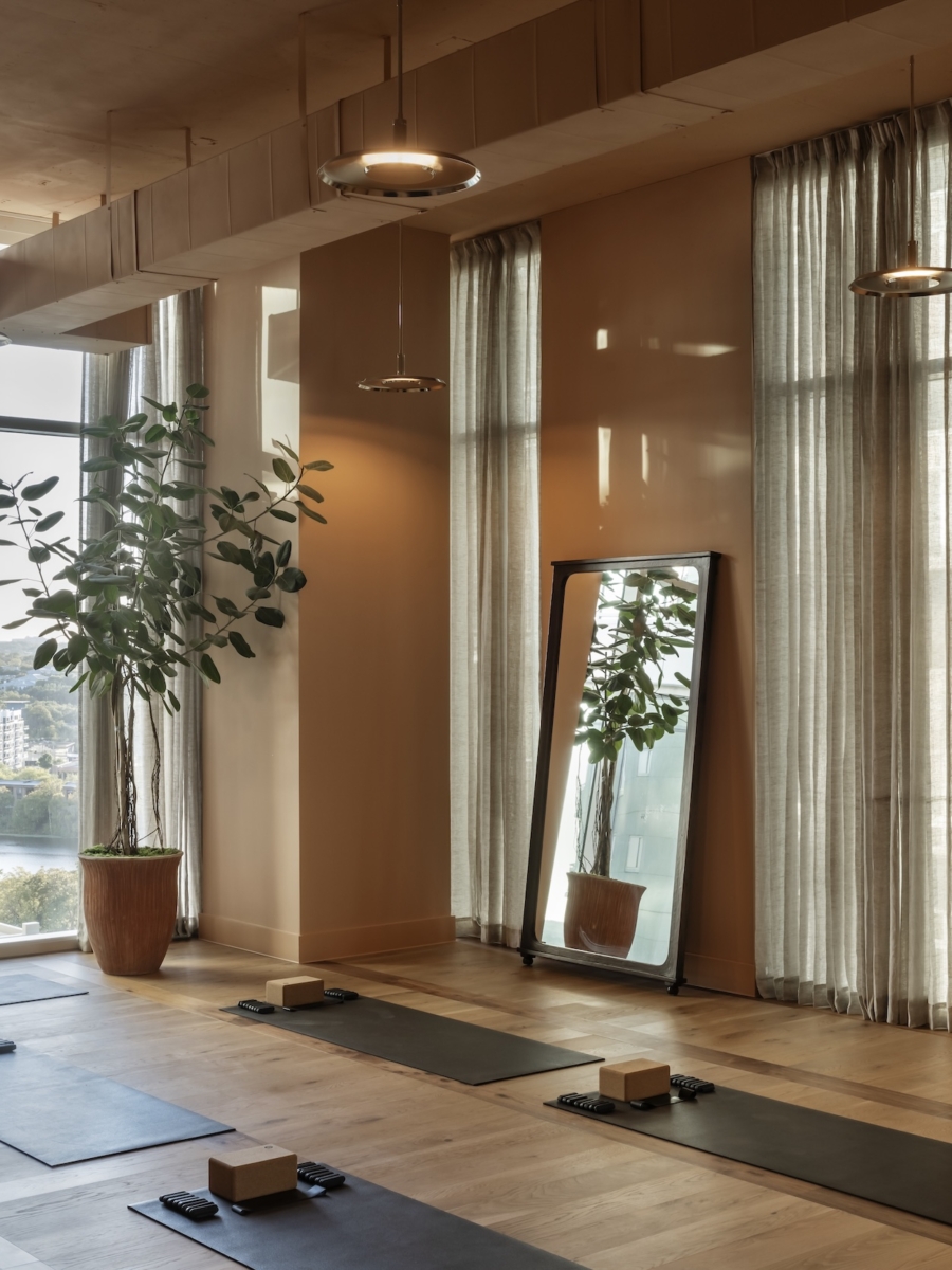 Yoga room at ROOST Rainey, Paseo ATX