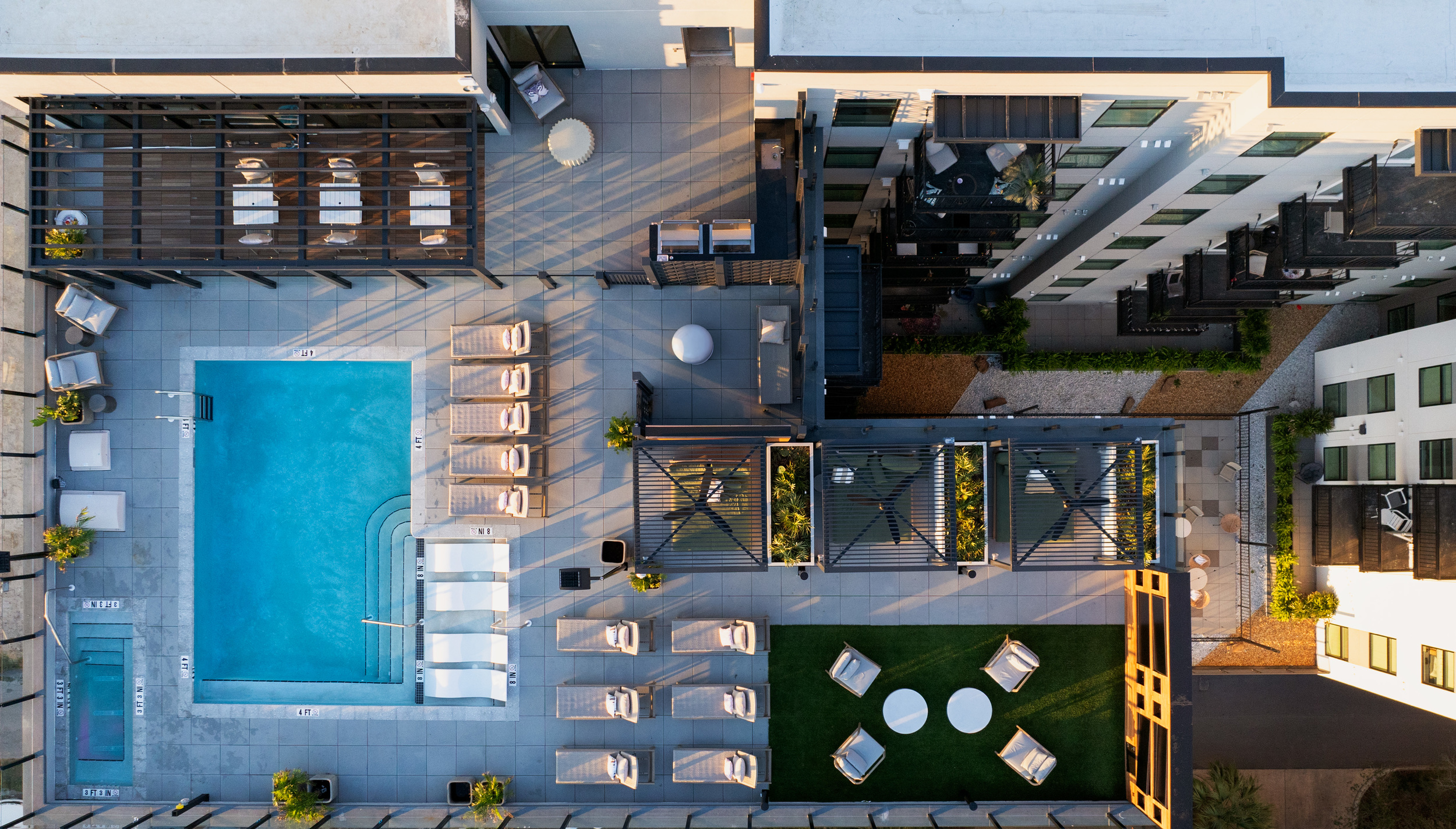 Ariel view of Sweetwater's rooftop pool deck.