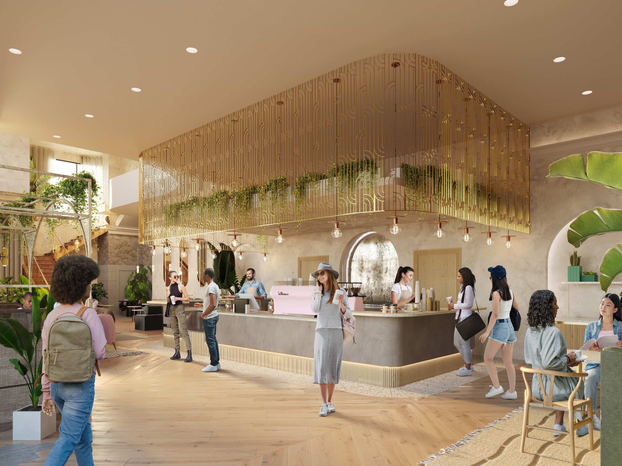 rendering of the Daydreamer coffee shop and lounge amenity space at Sweetwater, LV Collective's student housing development in Gainesville near the University of Florida