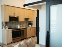 Kitchen in one bedroom model unit at Moontower