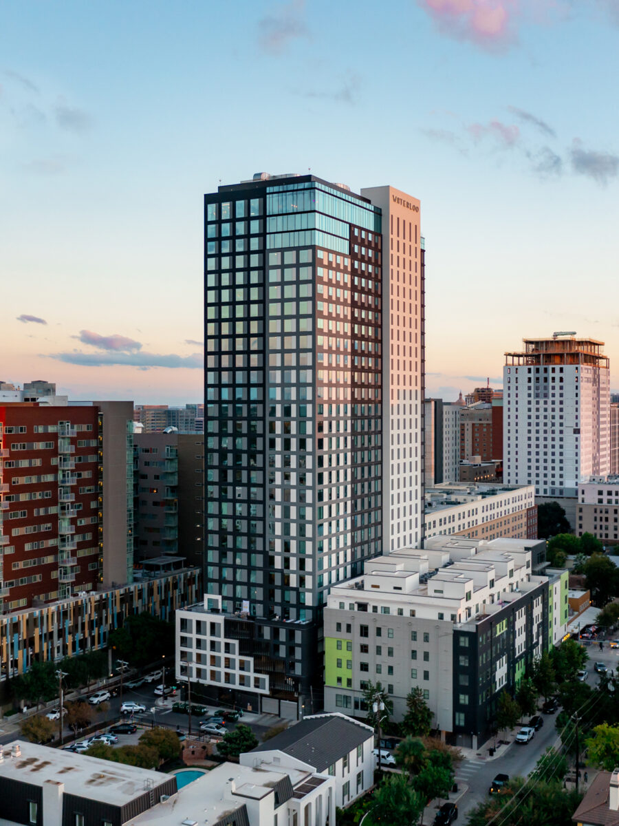 Full Waterloo building at sunset in Austin, Texas.
