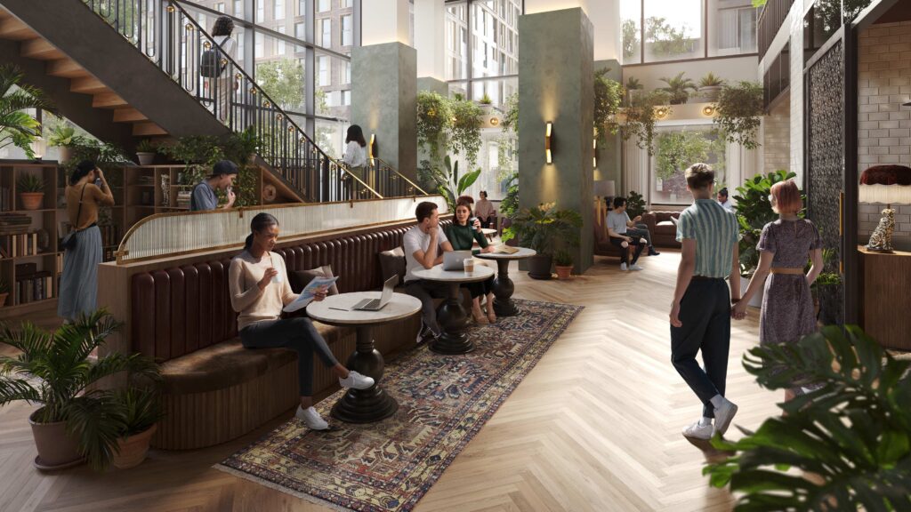 rendering of the first floor lounge space at Whistler in Atlanta Georgia