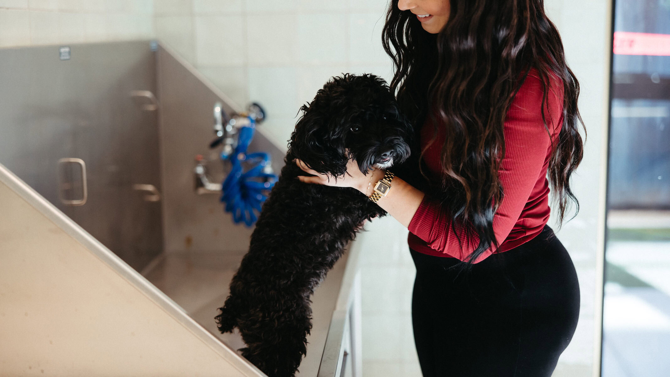 girl giving black poodle a bath at Rambler Athens