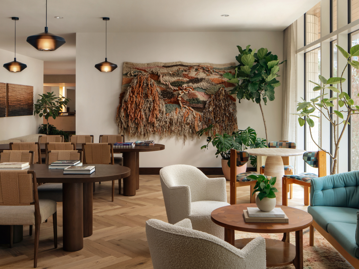 A stylish, modern lounge with wooden tables, patterned chairs, plush armchairs, large indoor plants, and textured wall art. Sunlight streams through floor-to-ceiling windows, creating a warm and inviting Paseo-inspired atmosphere.