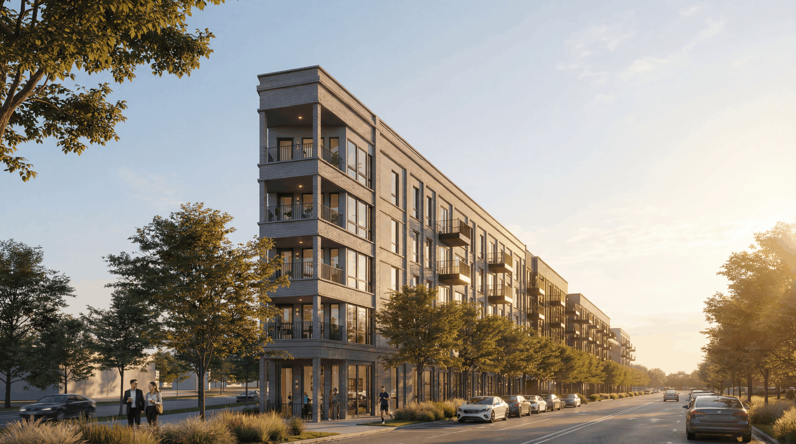A modern, multi-story apartment building with balconies lines East 5th St, a tree-lined street at sunset. Several parked and moving cars are visible as people walk along the sidewalk in the warm evening light.