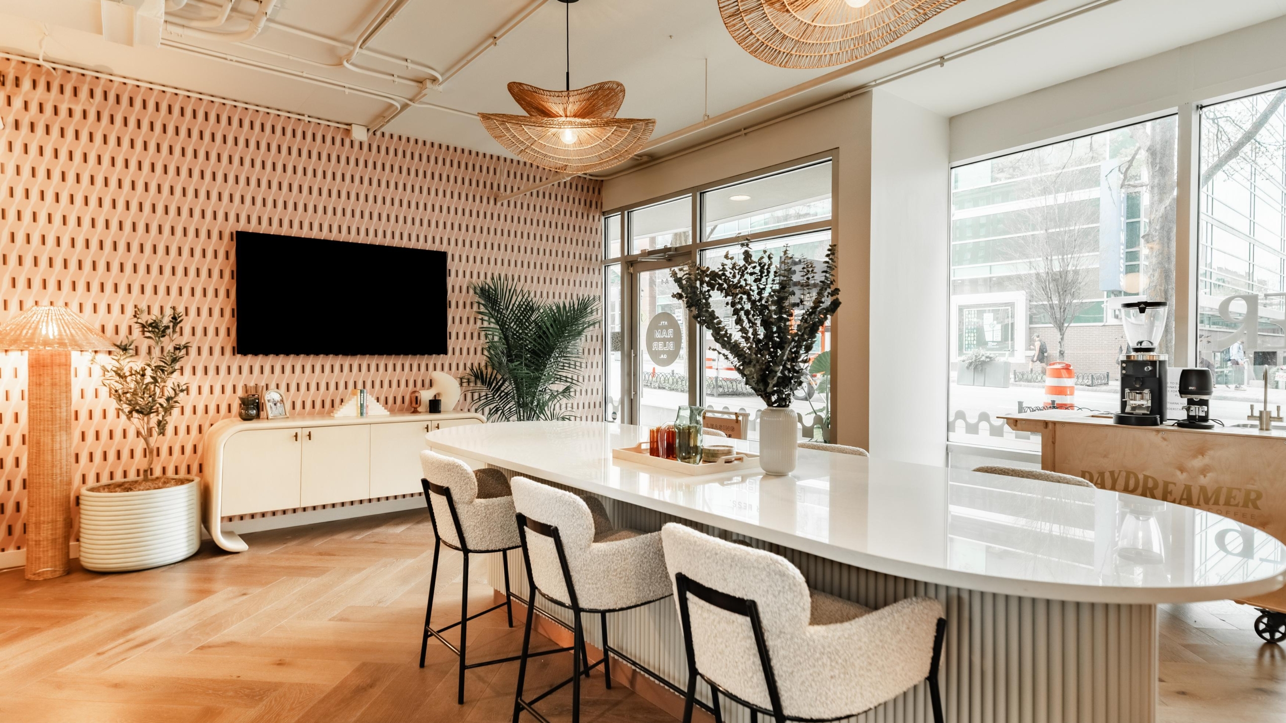 Bar seating at Rambler’s leasing office.