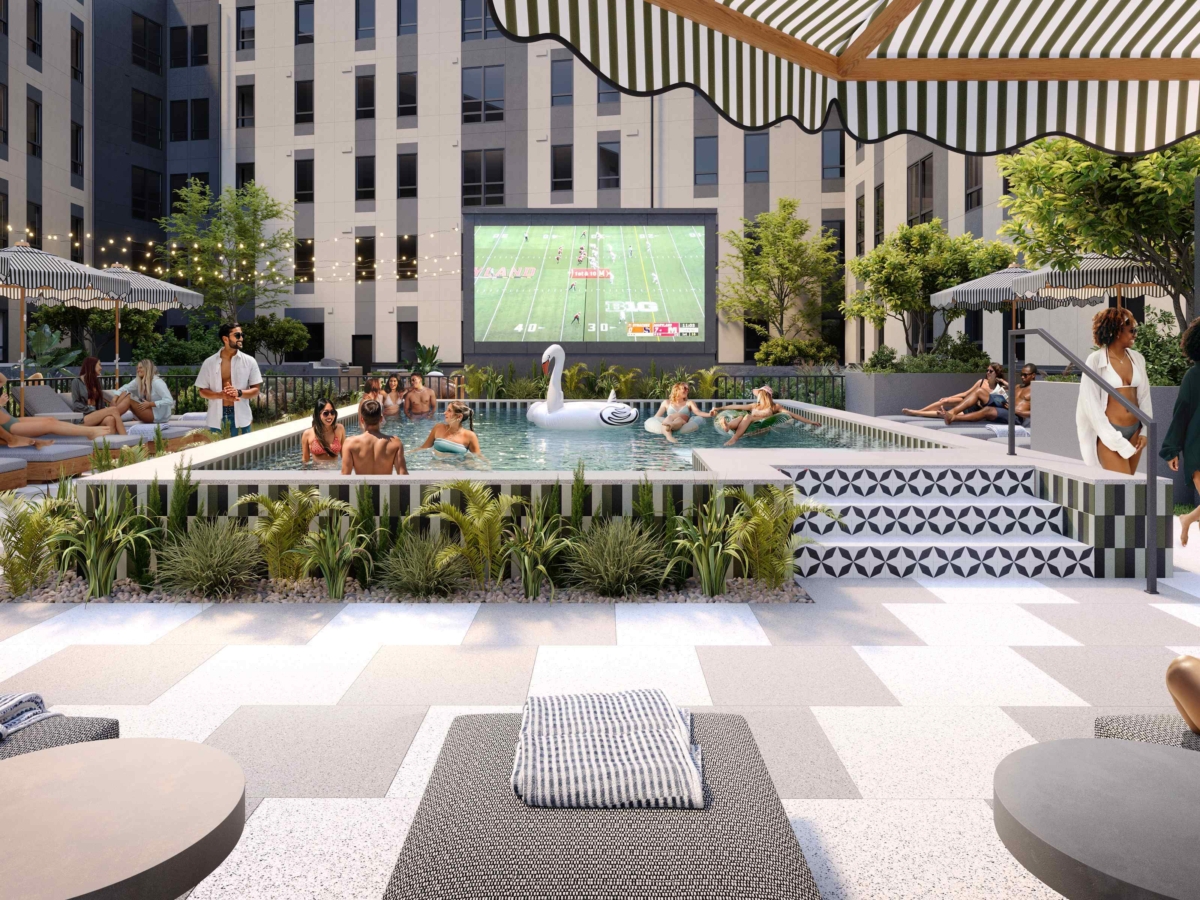 Rendering photo of Rambler's courtyard, featuring a big screen TV and resort-style pool