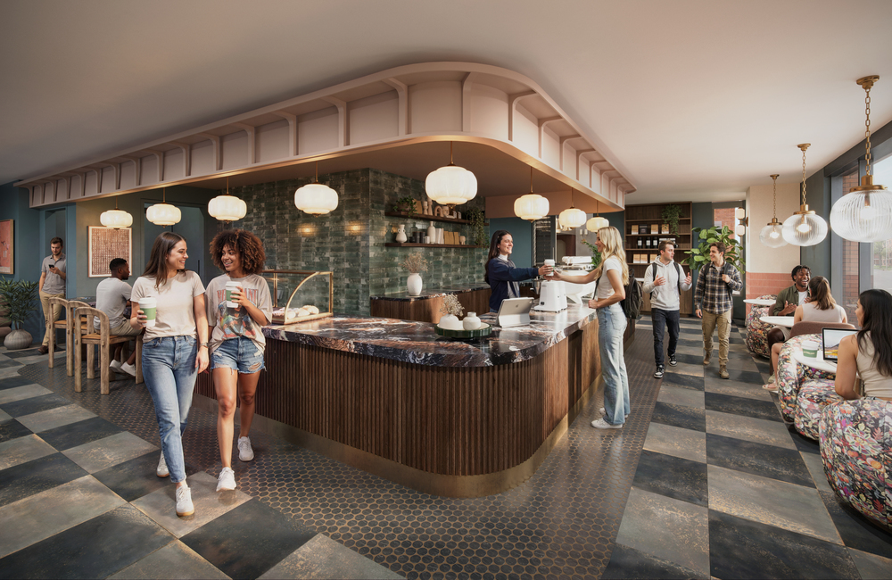 A modern, stylish cafe in Rambler Ann Arbor with people socializing, ordering drinks, and enjoying coffee. Marble countertops, pendant lights, tiled floors, and large windows create a cozy, vibrant atmosphere filled with natural light.