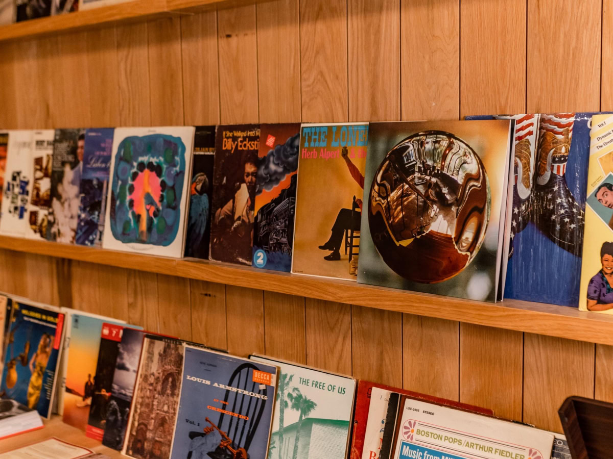 Close-up of records in Rambler ATX's record room
