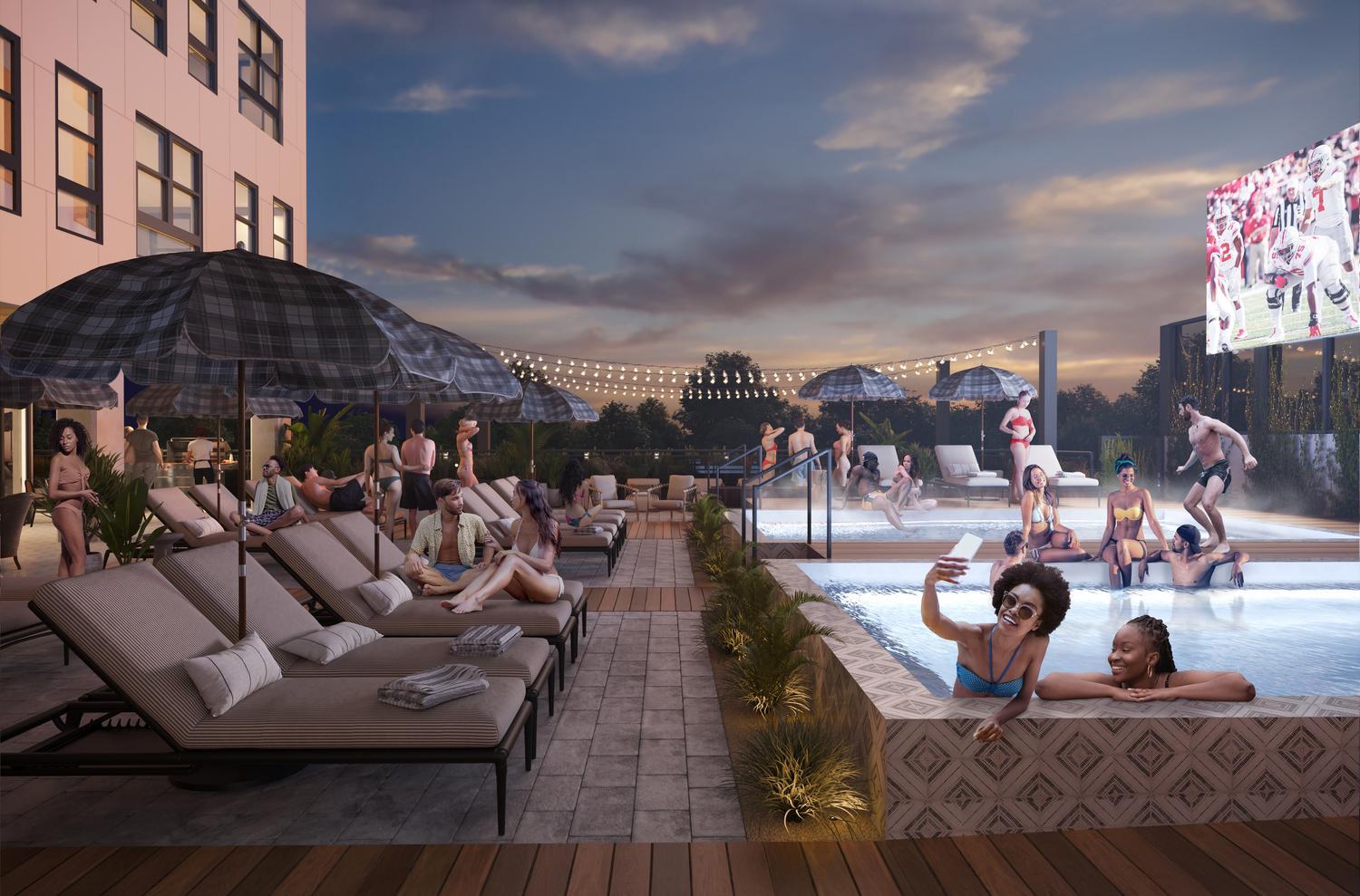 Rendering of people socializing in Rambler Columbus' rooftop pool deck and hot tubs