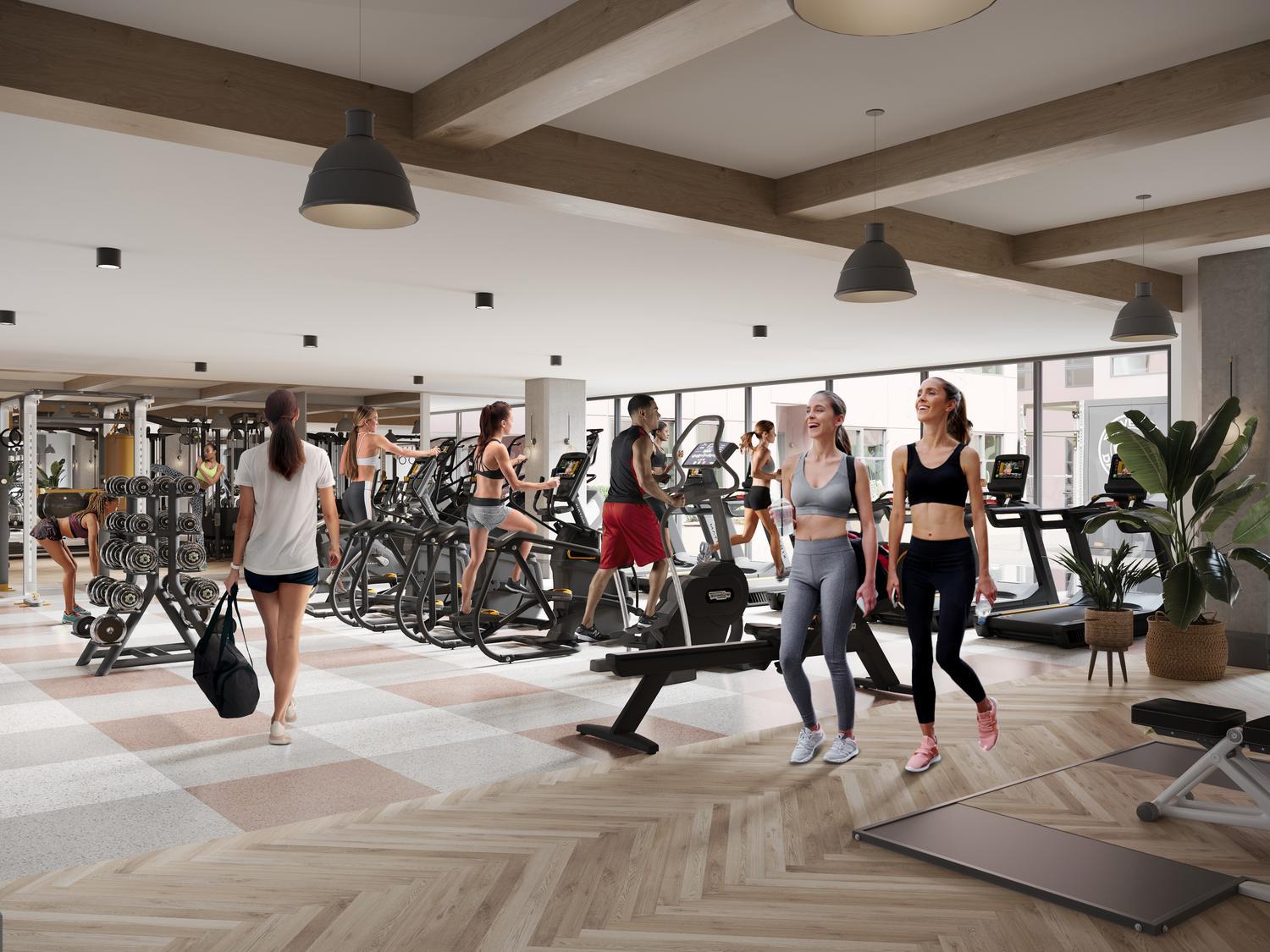 Rendering of people exercising in Rambler Columbus' fitness center