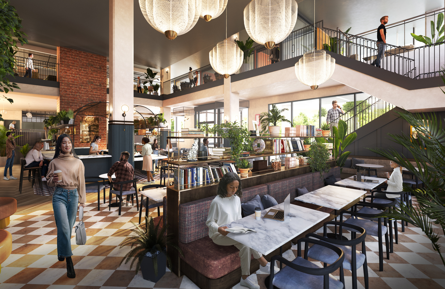 Rendering of people studying or working in table booths in Rambler Columbus