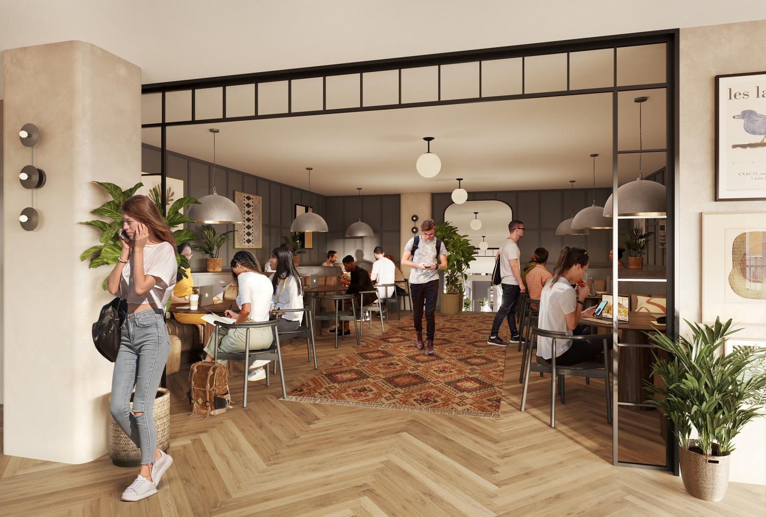 Rendering of people studying or working in open-concept mezzanine at Rambler Columbus