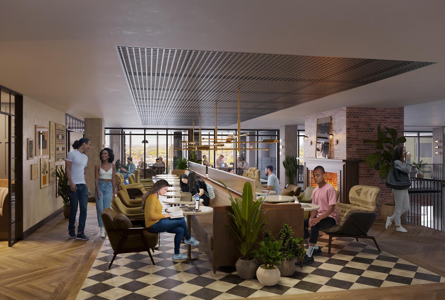 Rendering of people studying or working at second-floor mezzanine at Rambler Columbus