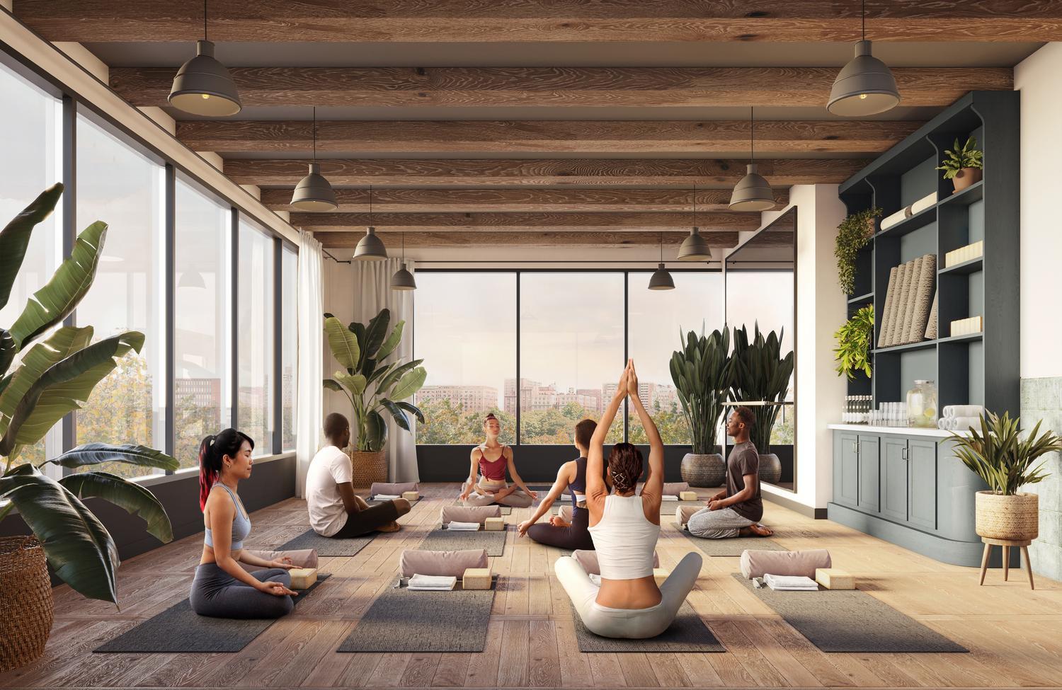Rendering of people practicing yoga in Rambler Columbus' yoga studio