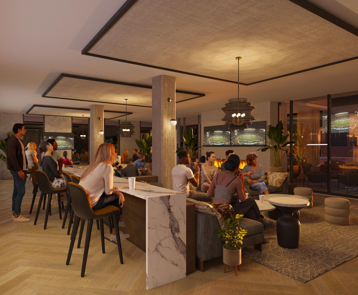 Rendering of people socializing in Rambler Columbus' club room off of the pool deck
