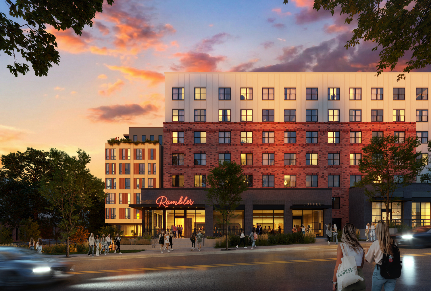 A modern multi-story apartment building called Rambler is shown at sunset, with warm lights glowing from windows, people walking outside, and trees framing the scene.