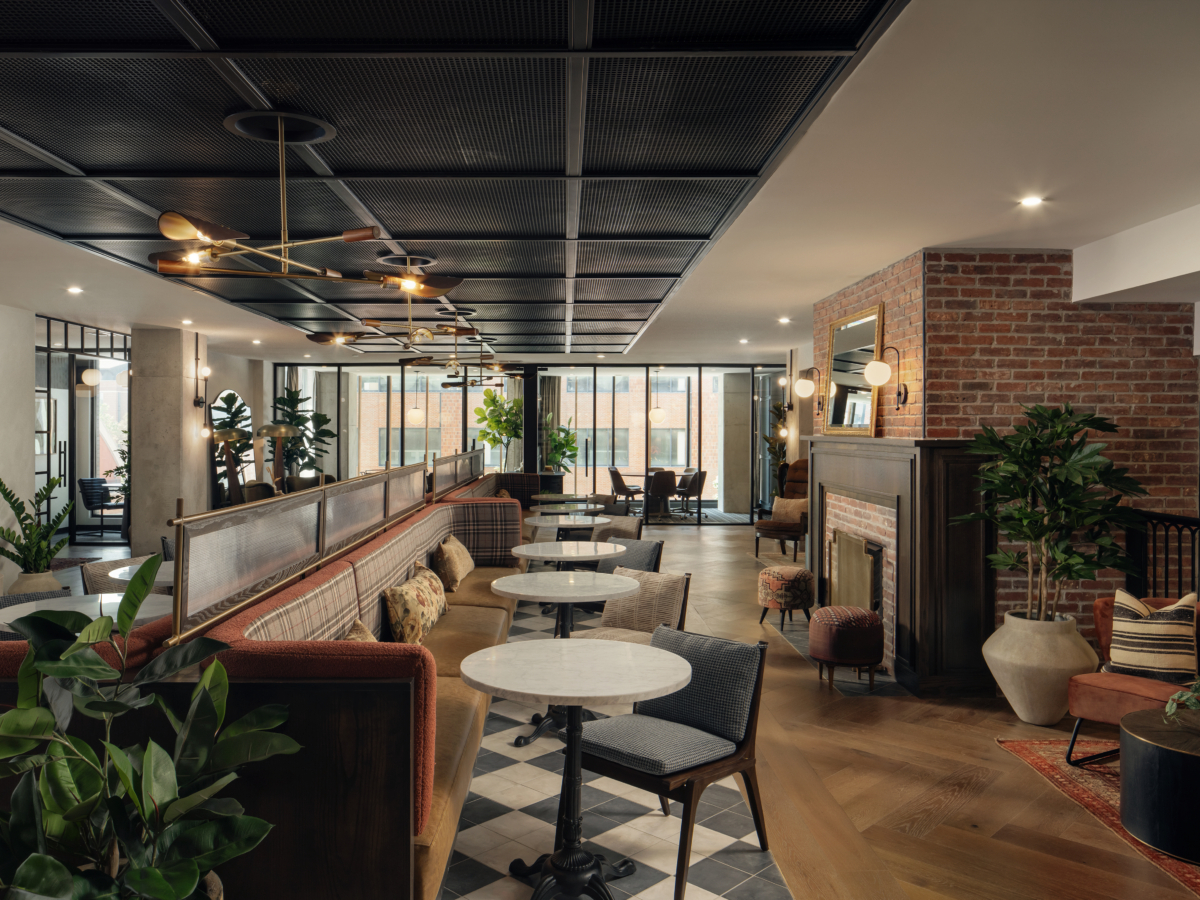 Lobby at Rambler Columbus, a student housing community near the Ohio State University.