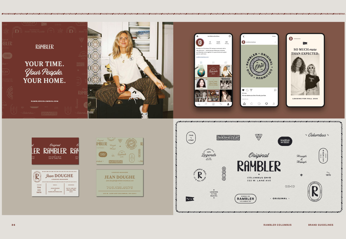 A brand guidelines page features a woman on a couch, social media posts on phones, business cards, logos, and the phrase Your Time. Your People. Your Home.—all unified in an earthy color palette inspired by Rambler Columbus near Ohio State University marketing.
